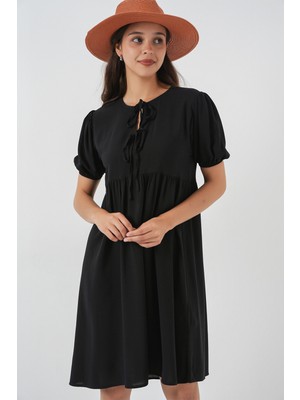 Kadın Bağcıklı Midi Elbise 2575 - Siyah