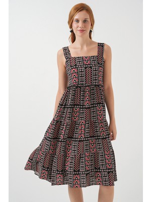 Kadın Desenli Askılı Midi Elbise 2577 - Siyah
