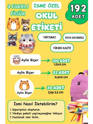 Isme Özel Okul Etiketi Kalem/defter/matara Etiketi Sticker Kedi/cat Temalı 192 Adet