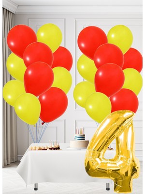4 Yaş Sarı Kırmızı Taraftar Temalı Doğum Günü Seti Sarı Kırmızı Balonlar Altın Folyo Rakam
