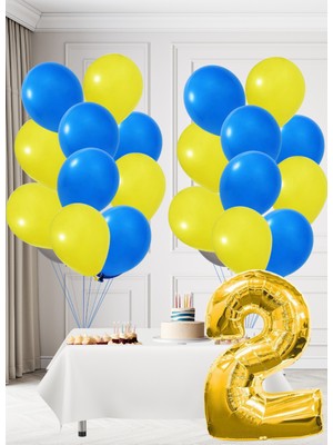 2 Yaş Sarı Lacivert Taraftar Temalı Doğum Günü Seti Sarı Lacivert Balonlar Altın Folyo Rakam
