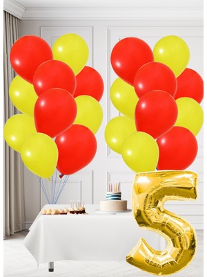 5 Yaş Sarı Kırmızı Taraftar Temalı Doğum Günü Seti Sarı Kırmızı Balonlar Altın Folyo Rakam