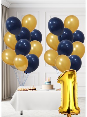 1 Yaş Sarı Lacivert Taraftar Temalı Doğum Günü Seti Altın Kozmik Lacivert Balonlar Altın Folyo Rakam