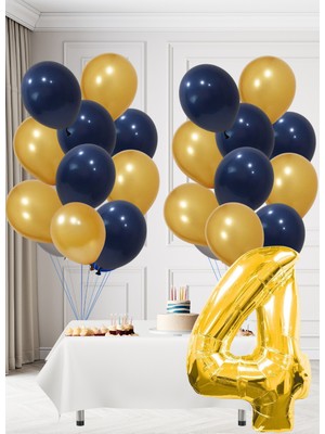 4 Yaş Sarı Lacivert Taraftar Temalı Doğum Günü Seti Altın Kozmik Lacivert Balonlar Altın Folyo Rakam