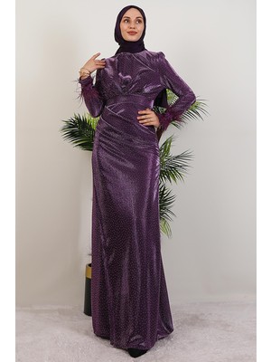 Tüylü Drapeli Elbise Mor