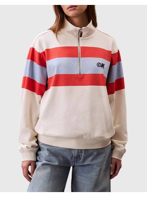 Ck LV047C229G Rugby Jersey 1/4 Zıp Strıpe Top Kadın Sweatshırts