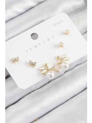 Pirinç Zirkon Taşlı Inci Melek Model Gold Renk 925 Ayar Gümüş Çivi Kadın Küpe Set