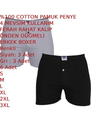 Erkek Penye Pamuk Boxer Önden Düğmeli Rahat Ferah Dört Mevsim 6 Adet