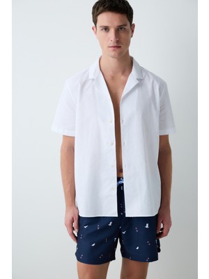 Beyaz Havana Erkek Plaj Gömleği