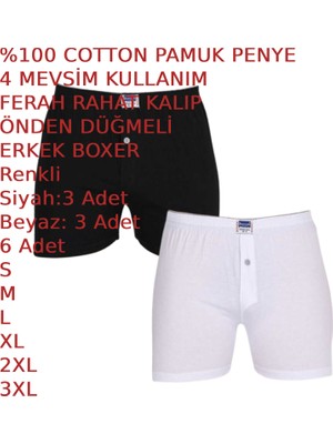Erkek Penye Pamuk Boxer Önden Düğmeli Rahat Ferah Dört Mevsim 6 Adet