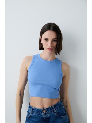 Mavi Halter Yaka Fitilli Crop Atlet