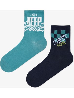 Çok Renkli Erkek Keep Sloganlı Pamuklu 2'li Soket Çorap