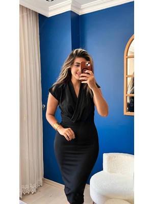Sosostyle Kadın Kısa Kollu Kruvaze Yaka Krep Elbise (Kemersiz)