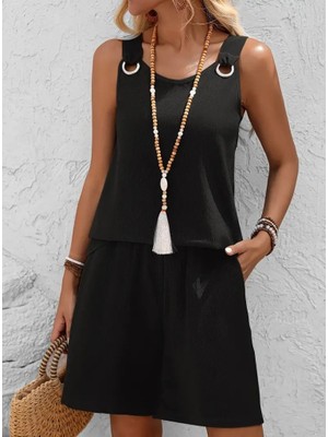 Arben Boutique Kadın Askılı Yuvarlak Yaka Kuş Gözü Detaylı Bürümcük Bluz ve Short Ikili Takım