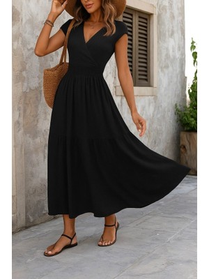 Ahes Shopping Kadın Kısa Kollu Kruvaze Yaka Beli Lastikli Süprem Maksi Boy Elbise