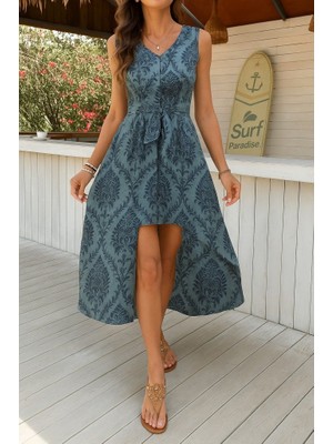 Ahes Shopping Kadın Kolsuz V Yakalı Desenli Süprem Tulum Elbise