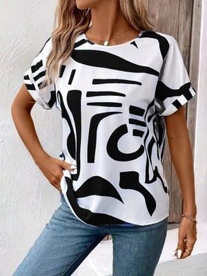 Arben Boutique Kadın Kısa Kollu Yuvarlak Yaka Desenli Süprem Bluz