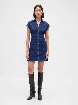 Gap Kadın Koyu Mavi Denim Seamed Mini Elbise