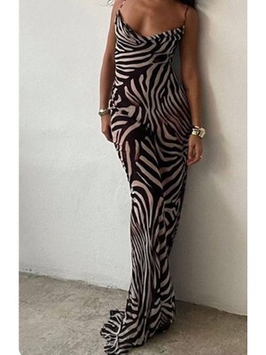 Passense Kadın Kadın Ip Askılı Dökümlü Yaka Zebra Desen Maxi Boy Elbise