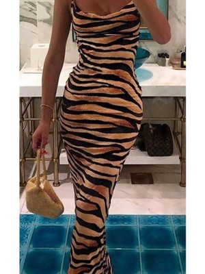 Passense Kadın Kadın Ip Askılı Dökümlü Yaka Zebra Desen Maxi Boy Elbise