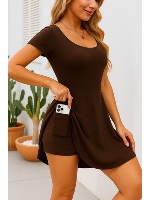 Sosostyle Kadın Kısa Kollu Kare Yaka Short Detaylı Cepli Dalgıç Elbise