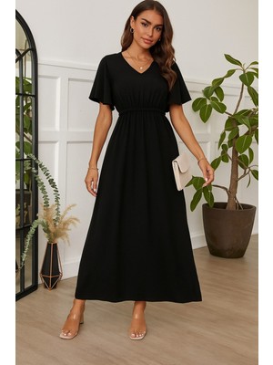 Arben Boutique Kadın Kısa Kollu V Yakalı Beli Lastikli Uzun Viskon Elbise