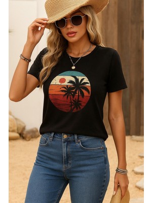 Passense Kadın Kısa Kollu Palmiye Baskılı Viskon T-Shirt
