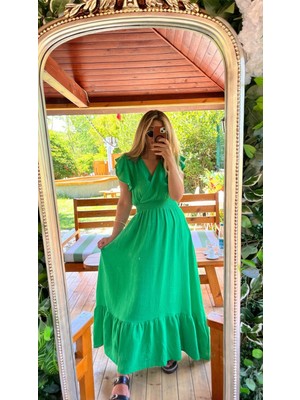 Alinn Butikk Kadın Kısa Kollu Kruvaze Yakalı Beli Lastikli Müslim Elbise