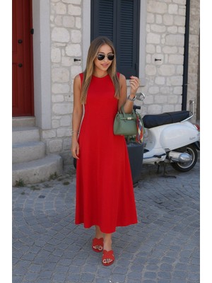 Arben Boutique Kadın Sıfır Kollu Bisiklet Yaka Viskon Elbise