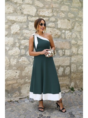 Arben Boutique Kadın Tek Omuzu Açık Omuzlardan Kurdela Detaylı Çift Renkli Ithal Krep Elbise