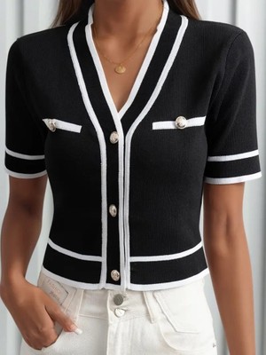 Alinn Butikk Kadın Kısa Kollu Önden Düğmeli Triko Bluz