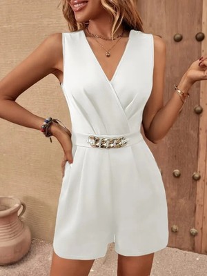 Nidam Butik Kadın Sıfır Kollu V Yakalı Cep Detaylı Ithal Krep Tulum