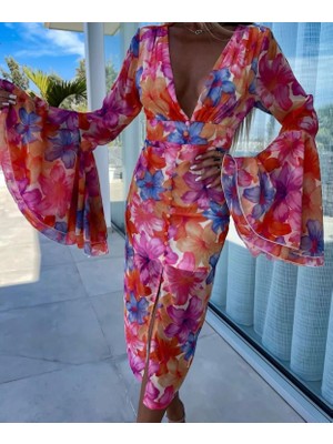 Arben Boutique Kadın Göğüs Dekolteli Kolları Volan Detay Astarlı Tül Elbise