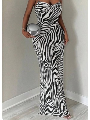 Arben Boutique Kadın Kadın Ip Askılı Dökümlü Yaka Zebra Desen Maxi Boy Elbise