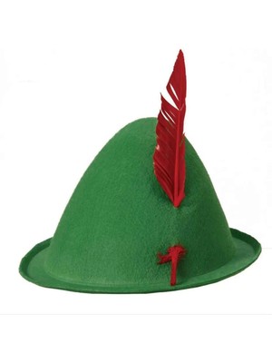 Peter Pan Şapkası Yeşil Renk Kırmızı Tüylü