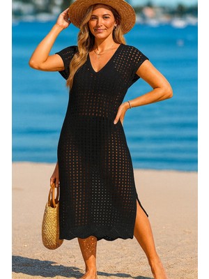 Nidam Butik Kadın Sıfır Kol V Yaka Yanı Derin Yırtmaçlı Midi Boy Triko Elbise