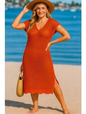 Ag Shoppings Kadın Sıfır Kol V Yaka Yanı Derin Yırtmaçlı Midi Boy Triko Elbise