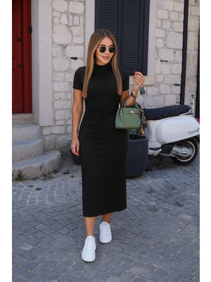 Alinn Butikk Kadın Yarı Balıkçı Yaka Yırtmaçlı Dalgıç Midi Elbise