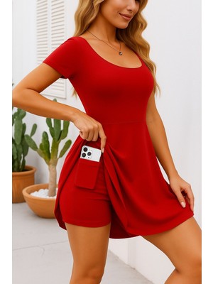 Arben Boutique Kadın Kısa Kollu Kare Yaka Short Detaylı Cepli Dalgıç Elbise