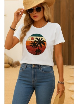 Arben Boutique Kadın Kısa Kollu Palmiye Baskılı Viskon T-Shirt