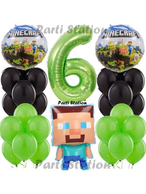 Parti Station Yeşil Rakam Balonlu Minecraft Konsept Doğum Günü Konsepti Balon Set Minecraft Yeşil Siyah Balon Set
