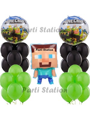 Parti Station Yeşil Rakam Balonlu Minecraft Konsept Doğum Günü Konsepti Balon Set Minecraft Yeşil Siyah Balon Set