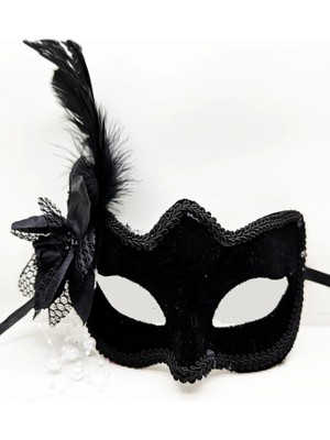 Siyah Süet Yandan Tüylü Incili Parti Maskesi