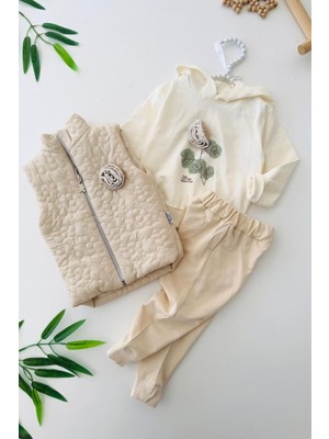 Miniğimin Cicileri Gül Detaylı Şişme Yelekli Kız Bebe 3 lü takım - Bej