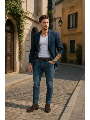 Blue White Erkek Slim Fit Normal Bel Düz Kesim Dar Paça Likralı Indigo Jean Pantolon