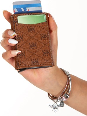 Tuldar Kadın Rfıd Otomatik Çekim Koruyucu Mekanizmalı Kağıt Para Bölmeli Hediyelik Kartlık Cüzdan TUL603 - Taba