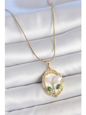 316L Çelik Gold Renk Zincir Beyaz Mineli Incili Çiçek Işlemeli Portre Model Kadın Kolye