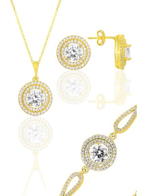 Gümüş Altın Yaldızlı Zirkon Taşlı Pırlanta Montürlü Yuvarlak Bileklikli Üçlü Set SGTL12090GOLD