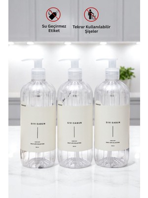 Homence Sıvı Sabun Etiketli Plastik Şişe Seti 3'lü Şeffaf 500 ml