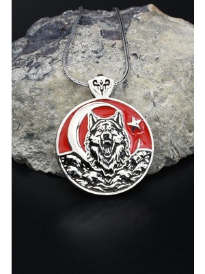 Bozkurt - Kurt - Ay Yıldızlı - Ay Yıldız Mineli 925 Ayar Gümüş Kolye Zincir 902125